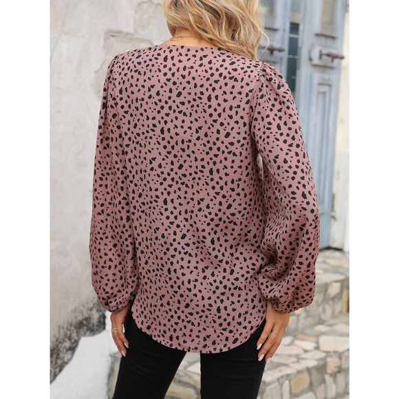 Leopard Print long sleeve v neck Lantern Sleeve Blouse boho tan black - Picture 5 of 11